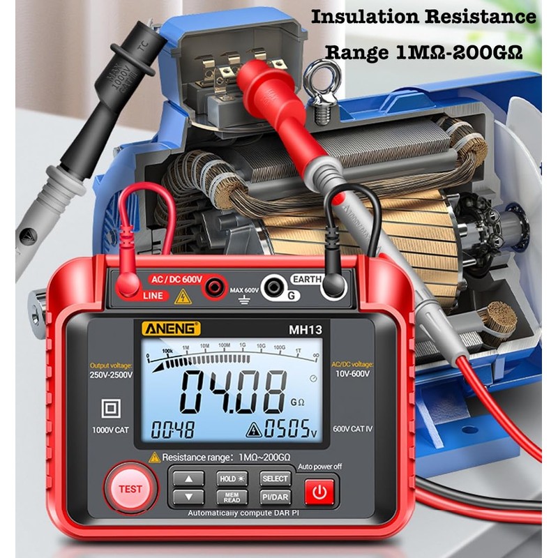 Generic MH13 1MΩ-200GΩ Megohmmeter, 250V-2500V Insulation Resistance Tester, 10V-600V AC/DC
