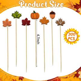 300 Pieces Fall Cocktail Picks 4.7 Inch Maple Leaves Pumpkins Acorns Decorative Toothpicks Fall Autumn Bamboo Picks Food Appetizer Fruit Sticks for Thanksgiving Party Decor