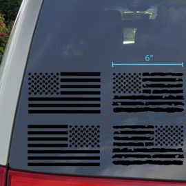 American Flag Decal 4 Pack: Regular and Distressed American Flag Decals (Large ~6", Black)