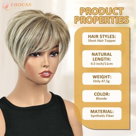 PHOCAS Short Blonde Hair Toppers for Women with Thinning Hair Topper with Bangs Fluffy Comfortable Wiglets Hairpieces for Women Daily Use