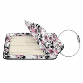 Numland Luggage Tag Skull Flowers Pink Cherry,Stainless Steel Ring Leather Luggage Tag for Travel Bag Suitcase
