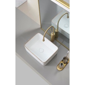 TREATLIFE HOME Ceramic Bathroom Sink Basin with Gold Trim, Stylish Design, Above-Counter Installation