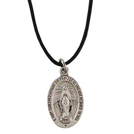 Pewter Miraculous Medal with 18" Leather Cord