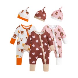 Renotemy Infant Baby Boy Clothes Essentials Fall Winter Spring Coming Home Outfit Shower Gifts 2 Way Zipper Romper Unisex One-piece Baby Jumpsuits with Mitten+Hat(Brown Beige Coffee, 6-12 Months)