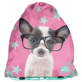 Children's Gym Bag / Sports Bag 36 x 32 cm – Studio Pets – Puppy with Glasses – Pink / Turquoise, Dog 3