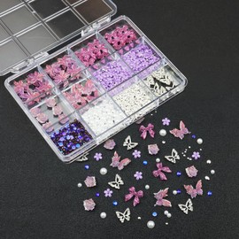 VOTACOS 3D Flower Nail Art Charms with White Nail Pearls Purple Bow Gems Rhinestones for Nails Design DIY Soft Adjustable Flower Charms for Women Nails Decoration(Purple Series)