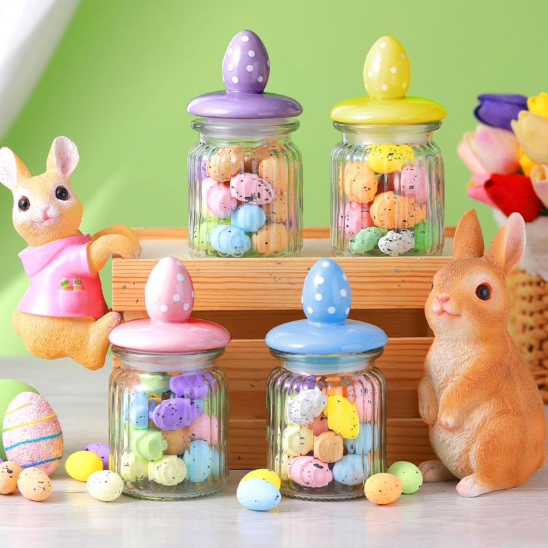 Nitial 4 Pcs Easter Glass Jar with Cap Bunny Rabbit