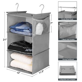 MAX Houser 3 Tier Shelf Hanging Closet Organizer, Space Saver,Closet Hanging Shelf with 2 Sturdy Hooks for Storage, Foldable (Grey)
