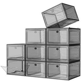7 code Large Clear Shoe Boxes Organizer【Thicker Material】 Stronger Shoe Box with Magnetic Door, Stackable Shoe Storage Box for Closet, Foldable Space-Saving Storage Bins Shoe Cabinet, Black 9-Pack