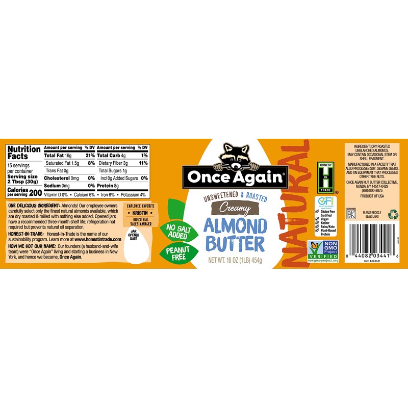 Once Again Natural Creamy Roasted Almond Butter, Unsweetened and Salt-Free