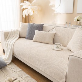 Solid Striped Textured Chenille Sofa Covers,Simple Striped Chenille Anti Scratch Couch Cover,Washable Anti-Slip Pet Couch Protector,Thin Chenille Couch Covers for Dogs,Pets,White-28"x82"/70x210cm