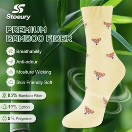 Stoeury Womens Bamboo Socks, Breathable Soft Animal Socks, Comfortable Seamless Crew Sock Dress Sock Christmas Gifts for Ladies Women 6 Pairs, 4-8