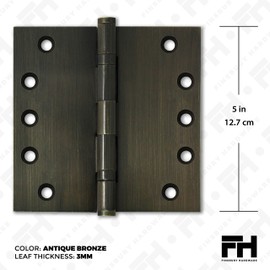 Finsbury Hardware Solid Brass Door Hinge Heavy Duty Ball Bearing 5x5 Inch with Decorative Screw-on Tips Included - Set of 2 Hinges (Antique Brass)