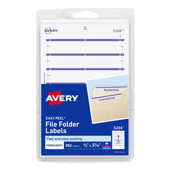 Avery File Folder Labels on 4" x 6" Sheets, Easy Peel, White/Purple, Print or Write, 2/3" x 3-7/16", 252 Labels (5204)