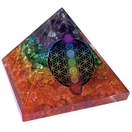 CHONIT Orgonite Pyramid, Chakra Mix Colourful with Symbol Flower of Life, Protection, Small with Rock Crystal as Decoration for Home (Colourful Chakra Mix)