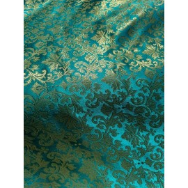 Emerald Green & Gold Leaves Damask - Faux Silk Brocade Jacquard Fabric - By the Yard (58" wide)
