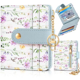 Pegmode Wallet Women Slim Cute Leather Thin Bifold Small Wallet Purse for Ladies Teen Girl Female Aesthetic Kawaii Tiny Flower Floral Daisy Simple Unique Pretty Modern Credit Card Holder Keychain Rfid
