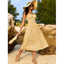 Sureple Flowy Sundress with Pockets for Women 2025 Summer Casual Sleeveless Ruched Bust Swing Holiday Dress(SP566-Yellow Floral 04-L)