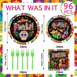 iPartyGo Fiesta Birthday Party Decorations - 96 PCs Mexican Cinco De Mayo Theme Plates and Napkins Forks Tableware Set Coloful Disposable Paper Taco Dinnerware Supplies Decor Favors Serve 24 Guests