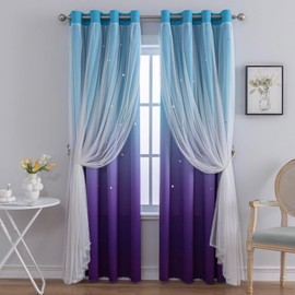indistar Cortinas opacas con diseño de rayas y estrellas para recámara, 2 capas de tela y tul, bonita cortina de ventana para habitación de niños, 1 panel (52 x 95 pulgadas, color azul morado)