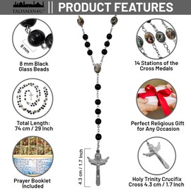 TALISMAN4U Stations of the Cross Rosary Chaplet Black Glass Beads Catholic Necklace for Men Women Holy Trinity Crucifix Cross Religious Gift Jewelry with Rosary Box & Prayer Booklet
