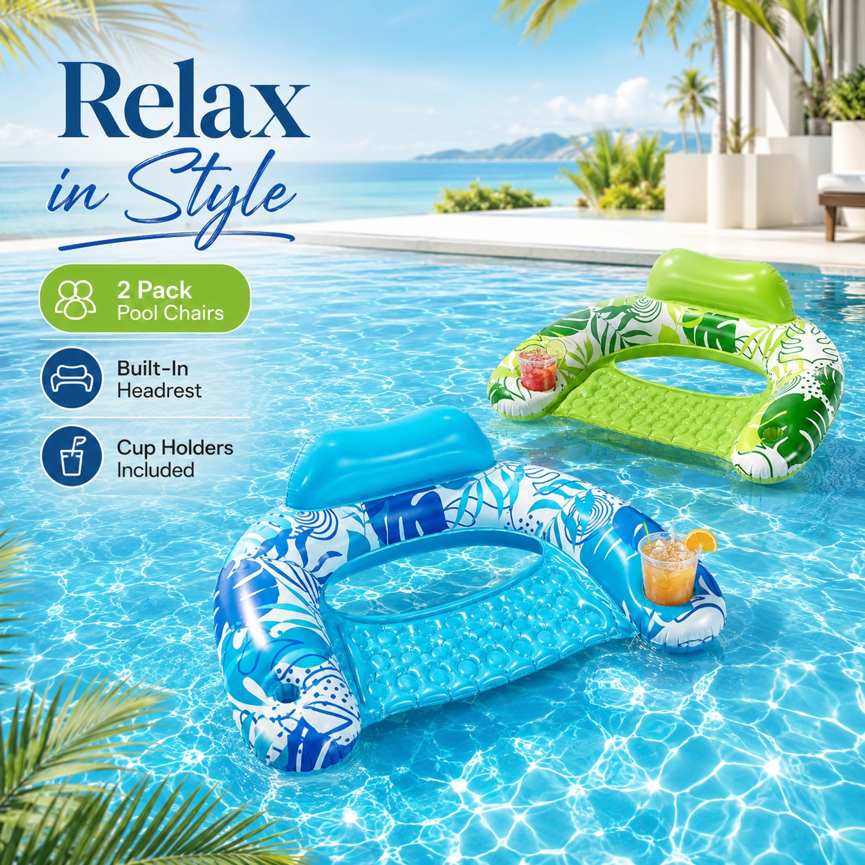 2-Pack Inflatable Pool Chairs for Adults – Floating Hammock Loungers with Cup Holders for Summer Fun