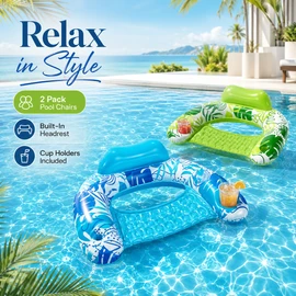 2-Pack Inflatable Pool Chairs for Adults – Floating Hammock Loungers with Cup Holders for Summer Fun