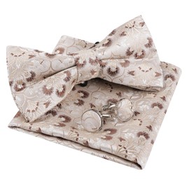 Alizeal Mens Floral Pre-tied Bow Tie, Pocket Square and Cufflinks for Wedding Party Business 3pc Set, Champagne+Brown