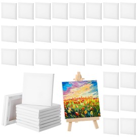 Yeaqee 50 Pcs Mini Painting Canvases Stretched Canvases Panels Square Blank White Small Canvas Boards for Oil, Acrylic Watercolor Paint Painting Birthday Party Favors (Thick,4 x 4 Inch)