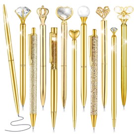 12Pcs Diamond Ballpoint Pens, Glitter Crystal Metal Pens with Black Ink, Retractable Elegant Bling Ballpoint Pens, Fancy Present for Ladies Students Xmas Wedding Graduation School Office (Gold)