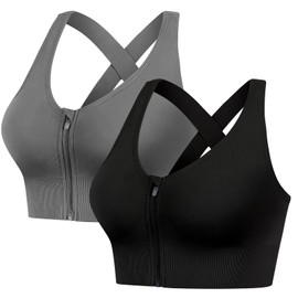 FVXYnnv 2 Pack Sports Bras for Women, Zipper Front Closure Workout Running Bra High Impact Seamless Padded Wireless Yoga Bras (Black Grey, Large)