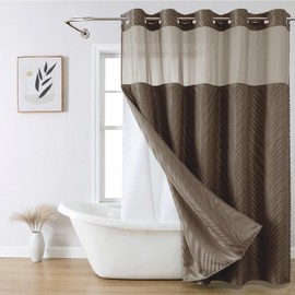 eachope no Hook Shower Curtain and Liner Set，Boho Style with See Through Top Window, Brown Fabric Tufted Striped Textured Outer Curtain & Waterproof Inner Liner, Brown, 71Wx86H