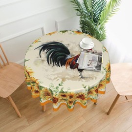 mutakin Sunflower Rooster Round Tablecloth 60 Inch Washable Reusable Decoration Table Cover for Kitchen Party