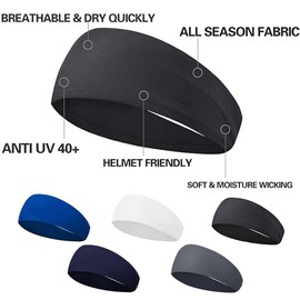 Pack of 5 Sports Headbands for Men and Women, Double Sided Moisture Wicking Workout, Sweatband, Non-Slip, Men's Headband, Highly Stretchy Hair Band for Yoga, Running, Cycling, Basketball