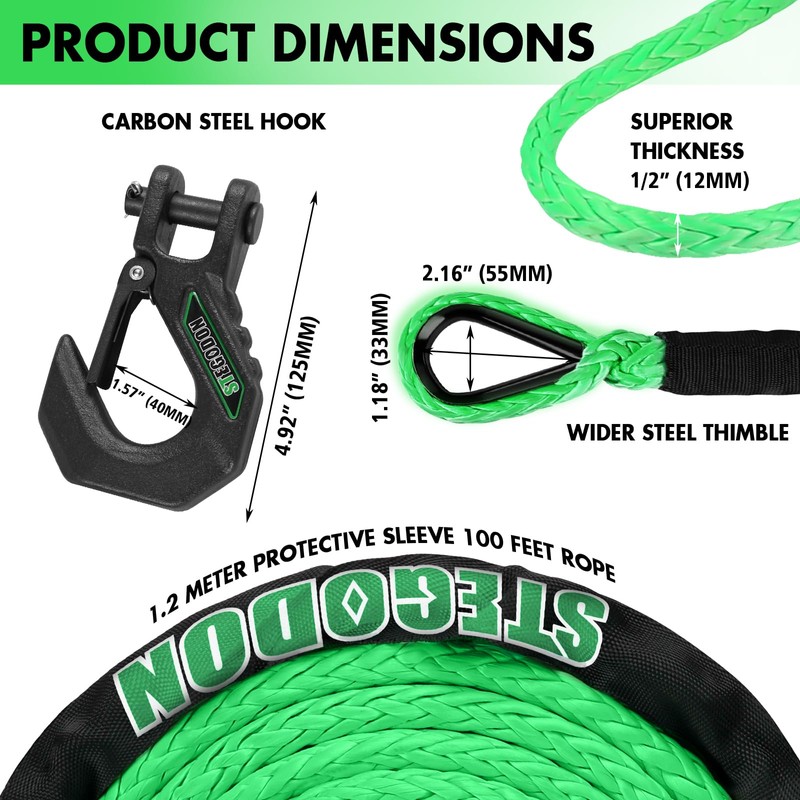 STEGODON Winch Rope 1/4in X 50ft Synthetic Winch Rope Kit,10000LBS