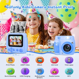 Kids Camera Instant Print, Birthday Gifts for Girls Boys with 3 Rolls Print Paper & 32GB Card, 48MP Toddler Digital Camera 1080P HD Video Toys Camera for Kids 3-12, Blue