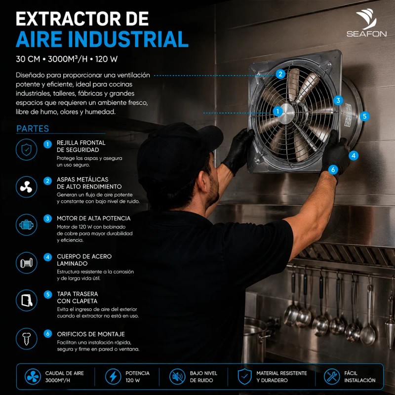 Extractor De Aire Industrial Para Cocina 30cm 3000m3/h 120w
