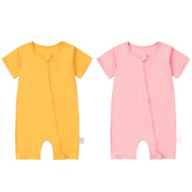 COOKY.D Unisex Baby Bamboo Fiber Short Sleeve Summer Romper Fun Vibrant Colors Newborn Spring Jumpsuit 6-12 Months 2 Pack, Pink & Yellow