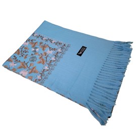 GFM® Embroidered Cashmere Texture Wool Pashmina Scarf Autumn Winter (EMBSHL-A), 1 Light Blue