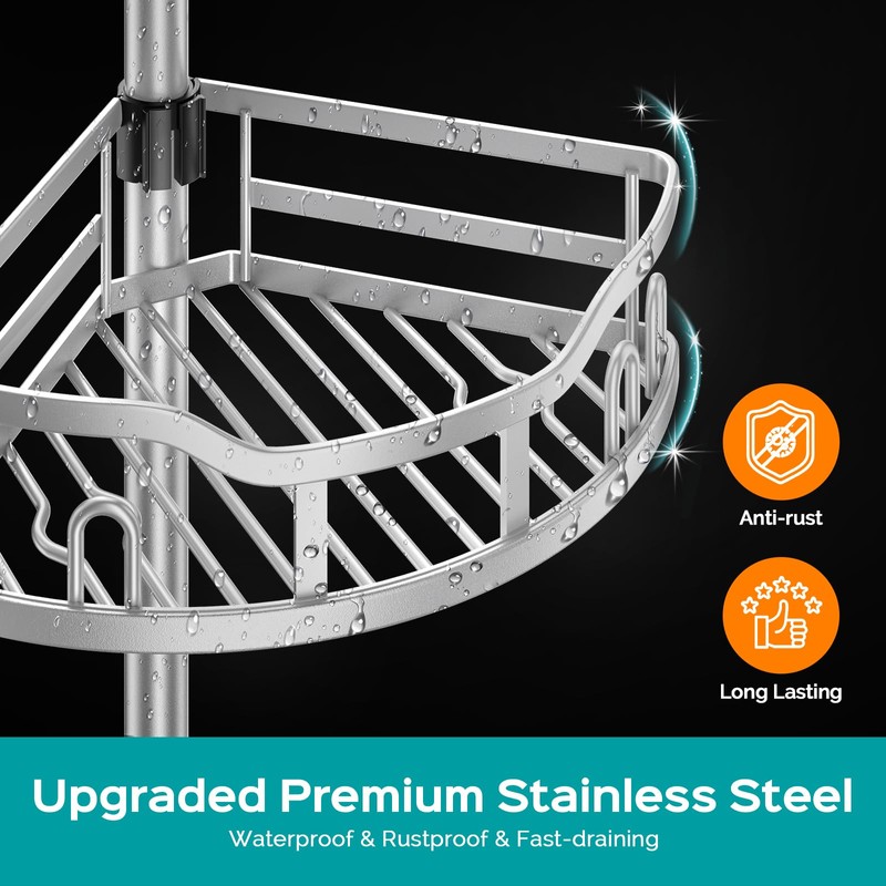 HAMITOR Corner Shower Caddy Tension Pole: Rustproof 4-Tier Bathroom Organizer