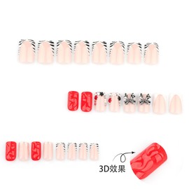 MouyouGlow Press on Nails Short, Square Nude Zebra French Red 3D Striped Bow Tie Bow Flowers Floral Crystal Fake Nails with Nail Glue, Y2K Coquette Artificial Fingernails