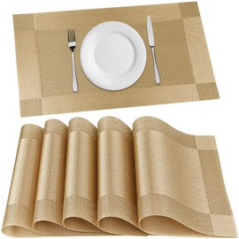 Heat-Resistant Placemats for Dining Table, Washable PVC Woven Vinyl Table Mats, Non-Slip Gold Placemats for Kitchen Decor, Table Protector Set of 6