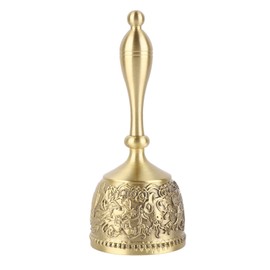 Hand Call Bell 4.7in Long Pure Brass Exquisite Carved Pattern Curved Handle Dinner Bell for Wedding Party Family Bar