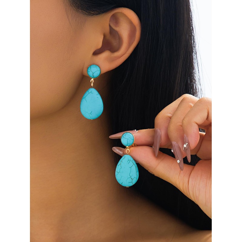 Turquoise Drop Earrings for Women – Clip-On Design with Oval