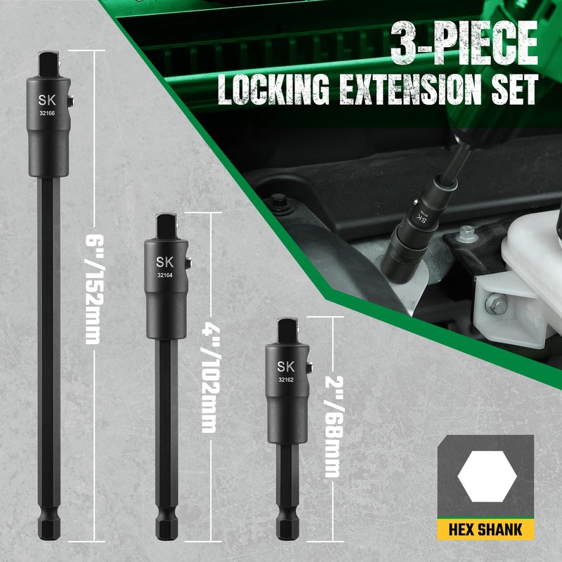 SK Tools USA 3-Piece Locking Impact Socket Adapter Set, 1/4"