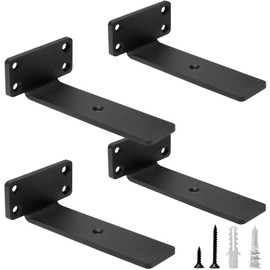 HITOMEN Heavy Duty Floating Shelf Brackets, 6-Inch (1/5'' Thick) Hidden Shelves Hardware, Iron L Brackets, Rustic Industrial Black Metal Wall Shelving Supports, 4 Pack