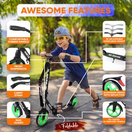 Hurtle Lightweight and Foldable Kick Scooter - Adjustable Scooter for Teens and Adult, Alloy Deck with High Impact Wheels, Durable ABEC-7 Bearings w/ T-bar Anodized Clamp Collar, Green HURTS56.5