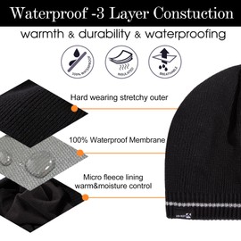 XL Men's Women's Oversize Winter Black Reflective Strips Wool Beanie Waterproof Fleece Lined Knit Cap Hat All-Weather Warm Rain X-Large Extra Large Big Head