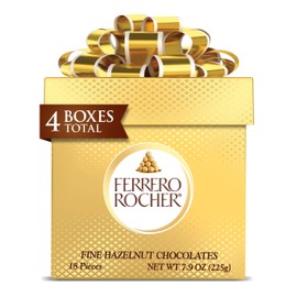 Ferrero Rocher, 4 Holiday Gift Boxes, Premium Gourmet Milk Chocolate Hazelnut, Individually Wrapped Chocolate, 7.9 oz Each