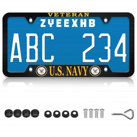 Aluminum Thin Top for U.S. Navy Veteran License Plate Frame,4-Hole Matte Black Narrow Top Retired Car Licenses Plate Covers Holders Frames with Screw Caps